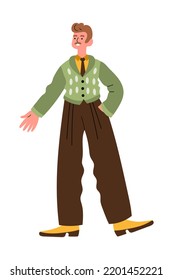 Cheerful man in retro 1960s or 1970s clothes walking. Mid-century modern fashion. Trendy vintage outfit. Smiling male character. Flat hand drawn cartoon vector style