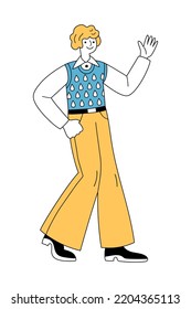 Cheerful man in retro 1960s or 1970s clothes walking and waving hand. Mid-century modern fashion. Trendy vintage outfit. Smiling male character. Flat hand drawn line vector style