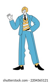 Cheerful man in retro 1960s or 1970s clothes walking and waving hand. Mid-century modern fashion. Trendy vintage outfit. Smiling male character. Flat hand drawn line vector style