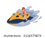 Cheerful man rides a jet ski. Summer vacation leisure, extreme watersports and resort beach activities. Isolated tourist vector character in life vest and sunglasses, dashing on water scooter, jet ski