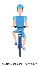 Cheerful man riding a bike multicolored poster vector illustration with blue vehicle and special cyclist suit, cute helmet, isolated on white backdrop