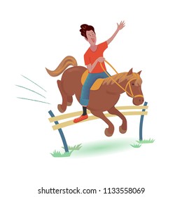Cheerful man is riding a horse. Vector isolated illustration with texture in cartoon style.