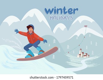 Cheerful man is riding and jumping on a snowboard on a mountain pick. Vector isolated winter illustration with hand drawn texture in cartoon style.