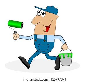 cheerful man with a roller and paint,vector illustration