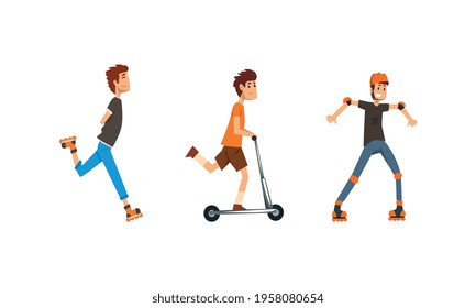 Cheerful Man Roller Skating and Riding Push Scooter Along the Street Vector Set