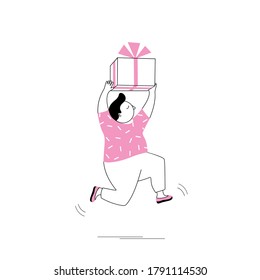 Cheerful man runs with a gift box.Vector illustration isolated on a white background.