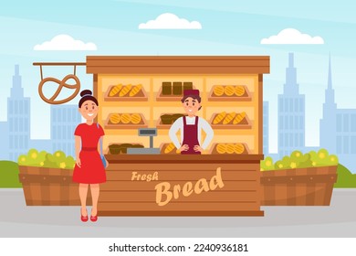 Cheerful man selling freshly baked bread and pastries at wooden market stall. Outdoor food market flat vector