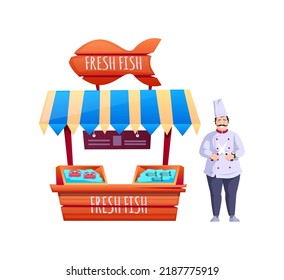 Cheerful Man Selling Seafood At Street Market Stall. Mustached Chef Cook In Uniform Holding Crossed Knives. Fresh Seafood In Trays Ice On Counter. Local Fish Market, Outdoor Shop Street Fair Vector