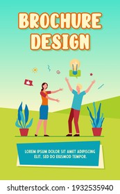 Cheerful man sharing new idea with friend. Bulb, like, approval flat vector illustration. Socialization and communication concept for banner, website design or landing web page