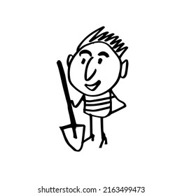 a cheerful man with a shovel. A hand-drawn funny character. Vector illustration.