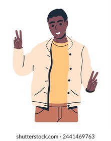 Cheerful Man Showing Peace Gesture with Fingers. Smiling Male Character With Victory Sign. Expression of Feelings and Emotions Concept. Body Language. Gesture of Success. Flat Vector Illustration