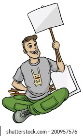Cheerful man showing signs.  A series of cartoon characters.