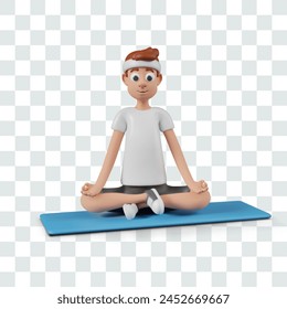 Cheerful man sits in lotus position. Male character doing yoga