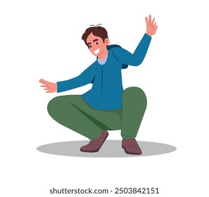 Cheerful Man Sits On The Floor, Beaming And Using Expressive Hand Gestures To Convey His Joy And Enthusiasm In A Relaxed And Friendly Manner. Male Character Explain. Cartoon People Vector Illustration