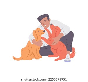 Cheerful man sitting and hugging two dogs, hand drawn flat vector illustration isolated on white background. Person cuddling cute golden retrievers. Concepts of pet owning, friendship and love.