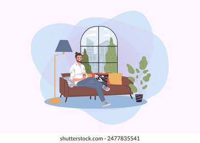 Hombre alegre sentado en el sofá en casa y bebiendo Ilustración vectorial de café. Moderno apartamento interior. Ocio, descanso, concepto de bebidas