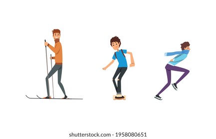 Cheerful Man Skiing, Skateboarding and Ice Skating Along the Street Vector Set