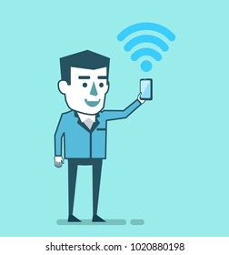 Cheerful man with smartphone shows stable, fast internet connection. Good internet connectivity. Simple style vector illustration