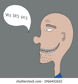 Cheerful man smiles. Joy and happiness. Says yes. Vector illustration in cartoon style. Isolated on white background. hand-drawn. comics