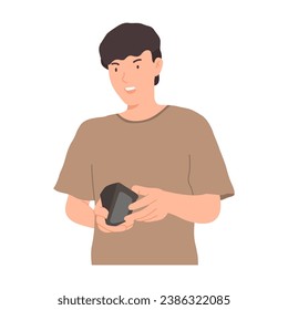 Hombre alegre sonriendo mirando a la billetera. Manteniendo el bolso y la expresión de emoción. ilustraciones de diseño vectorial