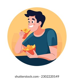 Cheerful man smiling while eating unhealthy food icon isolated