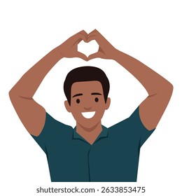 Cheerful man smiling while forming a heart shape with his hands above his head. Flat vector illustration isolated on white background