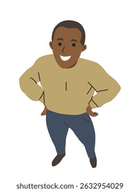 Cheerful man standing with hands on hips, viewed from above in flat cartoon style on white background. Concept of confidence and positivity. Vector illustration