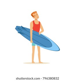 Cheerful man standing on the beach with blue surfboard, water extreme sport, summer vacation vector Illustration