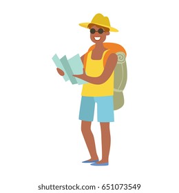 Cheerful man standing with traveling backpack and holding map in his hands. Colorful cartoon character isolated on a white background