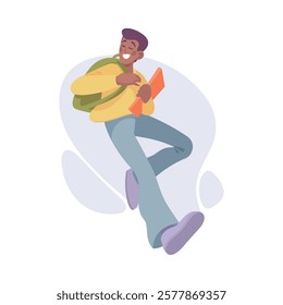 Cheerful Man Student Character with Backpack Jump with Joy Vector Illustration