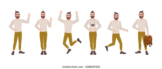 Cheerful man with stylish hairstyle and beard in various postures. Hipster guy dressed in trendy clothes in different poses. Male cartoon character isolated on white background. Vector illustration.