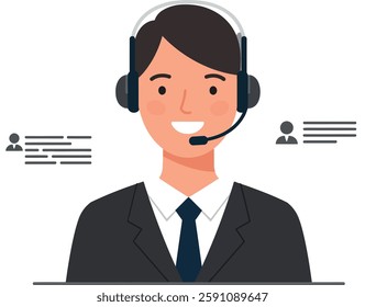 A cheerful man in a suit uses a headset, assisting customers with a friendly demeanor in a clean, modern setting.