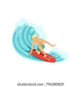 Cheerful man surfing on the ocean wave, water extreme sport, summer vacation vector Illustration