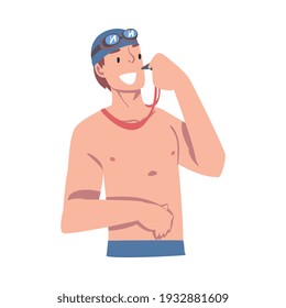 Cheerful Man Swimming Coach Character, Trainer with Whistle Teaching Swimmers at Swimming Class Cartoon Style Vector Illustration