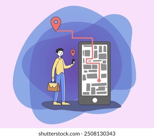 Cheerful man taking cab via mobile app flat vector illustration. Guy tracking car route on city map in mobile application. Transportation, taxi service  concept