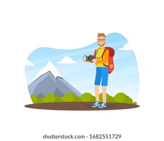 Cheerful Man Taking Photos on Nature, Male Tourist in Outdoor Mountain Landscape, Summer Holidays Adventure Vector illustration