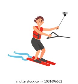 Cheerful man taking selfie while standing on water skis. Young guy in shorts and safety vest. Colorful flat vector design