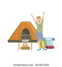 Cheerful Man With Tent, Bonfire And Backpack