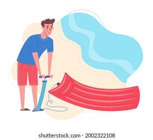 Cheerful man in a T-shirt and shorts inflates a rubber mattress on the beach. Vector illustration in flat style. The water mattress is inflated using a pump.