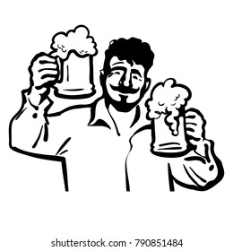 Cheerful man with two beer mugs. Hand drawn vector illustration in vintage sketch style isolated on white background. Beer logo.