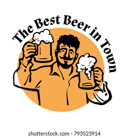 Cheerful man with two beer mugs. The best beer in town text. Beer logo. Hand drawn vector illustration in vintage sketch style isolated on white background. 