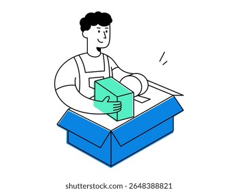 A cheerful man in uniform working on packing order into blue carton box, handling parcel for shipping delivery logistics with smiling expression