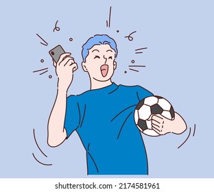 Cheerful Man Very Happy After Winning Of His Sports. Hand Drawn In Thin Line Style, Vector Illustrations.