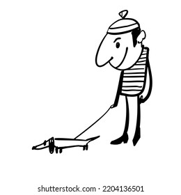 A cheerful man walks with a dog on a leash. A hand-drawn character. Vector doodle illustration