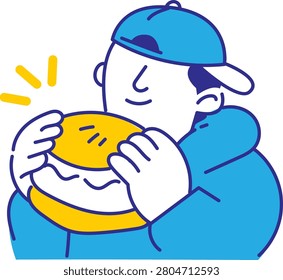 A cheerful man wearing a blue cap and hoodie is shown enjoying a big, delicious burger, with a satisfied expression on his face.