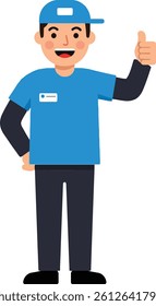 A cheerful man wearing a blue shirt and cap stands confidently, smiling and giving a thumbs-up, radiating a positive atmosphere in a workplace setting.