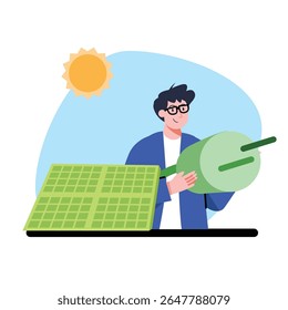 Homem alegre usando óculos segura um plugue verde de grandes dimensões ao lado de um painel solar verde sob um sol amarelo quente, sugerindo soluções de energia limpa e tecnologia inovadora para um futuro sustentável.