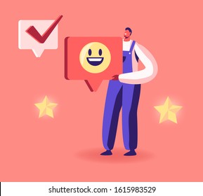 Cheerful Man Wearing Working Robe Holding Huge Smile Sign in Hands with Rating Star and Check Mark Icons around. Male Character Giving Thanks in Internet Networks. Cartoon Flat Vector Illustration