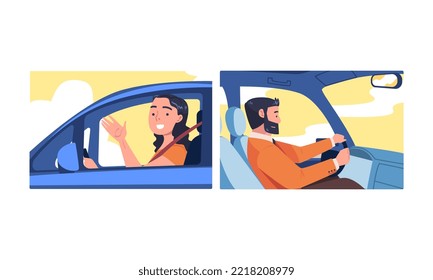 Cheerful man and woman driving car. Auto drivers sitting inside car enjoying ride cartoon vector illustration