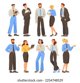 Cheerful Man and Woman Office Worker Standing with Laptop and Paper Document and Smiling Vector Illustration Set